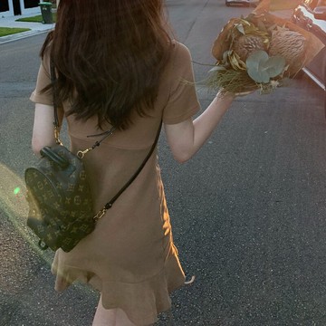 網紅抽繩t恤連衣裙女夏小子荷葉邊中長款上衣2022新款修身顯瘦