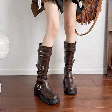 香港真皮厚底增高百搭長筒靴女2025春秋高筒靴粗跟時尚西部騎士靴