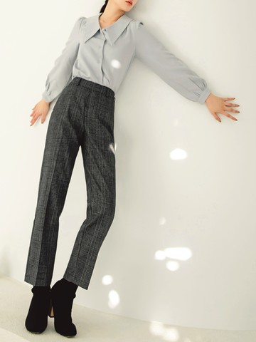 格紋腰後鬆緊微寬直筒西裝長褲