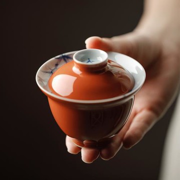 夏禾茶具礬紅手繪青花隱竹致遠蓋碗中國風不燙手紅色單泡茶碗茶杯