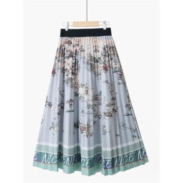 秋冬韓版歐美復古字母印花百褶顯瘦A顯瘦不規則撞色中長款半身裙