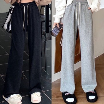 La Belleza素色鬆緊腰抽繩加厚保暖糯米褲針織闊腿褲設計感側口袋垂綴寬褲