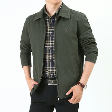 純棉夾克男中年春秋中長款大碼寬松中老年爸爸多口袋工裝秋季外套