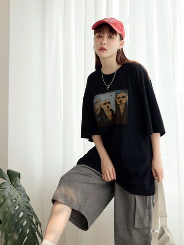 純棉酷帥狗狗圖案五分袖上衣