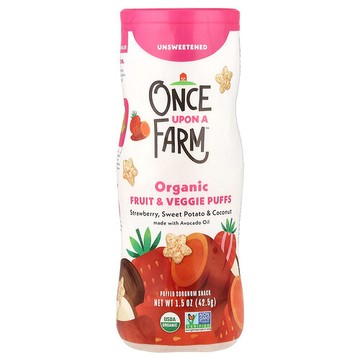 Once Upon A Farm, 有機果蔬膨化零食，爬行期寶寶，草莓、甘薯和椰子，未增甜，1.5 盎司（42.5 克）