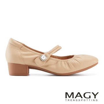 MAGY 魔鬼氈真皮一字帶低跟瑪莉珍鞋 裸色 #15739