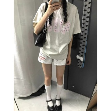 台灣出貨 字母印花波點運動短褲女夏季薄款寬鬆A字居家睡褲休閒外穿熱褲子 休閒短褲女 運動短褲 熱褲 闊腿短褲 美式短褲