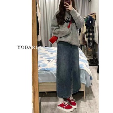 復古開叉牛仔半身裙女秋季高腰大碼胖mm顯瘦梨形身材中長款a字裙