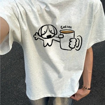 【當天出貨】重磅純棉短袖 印花上衣 男生短T 小狗咖啡圖案 簡約百搭 厚磅不透肉 青少年夏季落肩圓領半袖 無性別穿搭