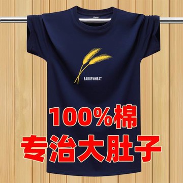 100%全棉男士短袖t恤圓領夏季寬松胖子麥穗半袖大碼男裝打底衫潮