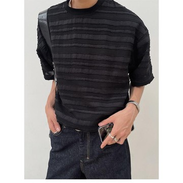 肌理感條紋短袖t恤男 夏季新款小眾設計洋氣質感休閒寬鬆體恤潮牌