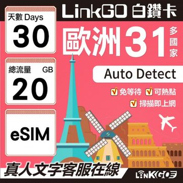LINKGO白鑽卡 歐洲31國 eSIM卡 30天上網卡 總流量20GB(歐洲網卡 西班牙 德國 奧地利 英國)