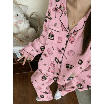 Xuan♥睡衣女可愛粉黑小熊美少女可外穿爆款春秋季長袖長褲家居服套裝