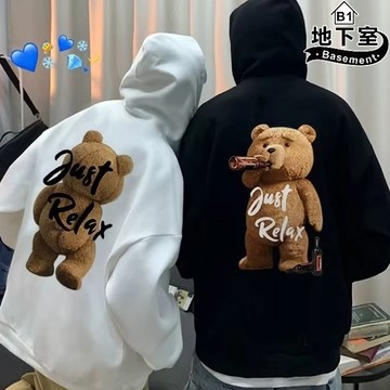 地下室B1-情侶裝 啤酒小熊帽T 連帽T恤 長袖T恤 情侶服 5XL 刷毛長T 男生衣服【NL662129】