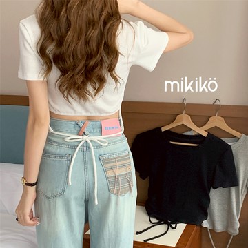 美木子｜惜物祭｜微辣後綁帶坑條短版上衣【T20369】抽繩綁帶 圓領T恤 短袖T恤 正肩上衣 螺紋上衣
