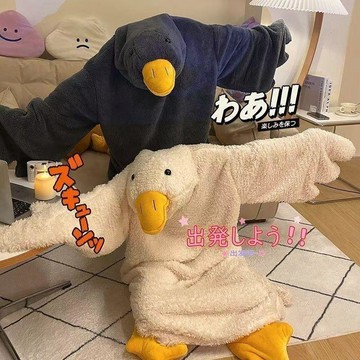 大白鵝珊瑚絨卡通動漫情侶睡衣 男女皆可 生日交換禮物 女生秋冬季加絨加厚保暖卡通可愛搞怪睡袍 可外穿 9L46