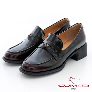 【CUMAR】擦色開珠邊錢幣飾扣粗跟樂福鞋-紅
