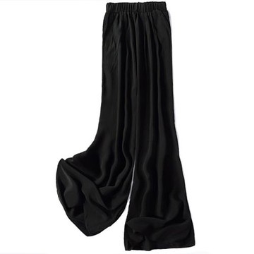 2025春夏真絲闊腿褲女寬松桑蠶絲九分褲黑色長褲大碼高腰休閑裙褲