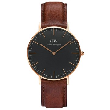 DW Daniel Wellington 經典淺紅咖啡皮革腕錶-金框/36mm(DW00100136)