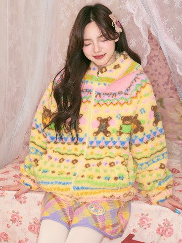 黃色小熊幾何搖粒絨毛絨外套保暖可愛童趣