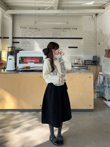 【韓國】霧山漫漫緹花針織開襟上衣毛呢氣球裙套裝-91938