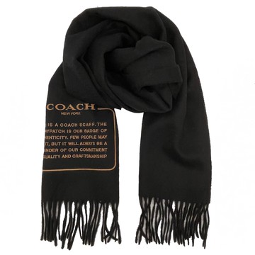 【COACH】新款素面字母LOGO雙面100%喀什米爾羊毛流蘇圍巾(黑)