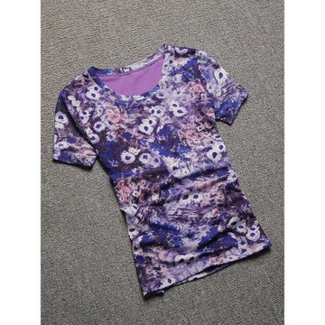 歐洲站2025夏季新款短袖t恤女花色圓領網紗體恤紫色半袖大碼上衣