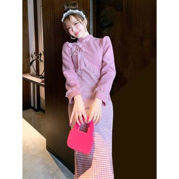 千鳥格毛呢旗袍拼接蝴蝶結加厚冬季女2025年新款年輕款改良連衣裙