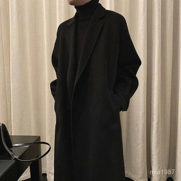 【優選好物】冬季新款黑色雙麵毛呢大衣男中長款過膝寬鬆潮流韓版加厚呢子外套 QTPM