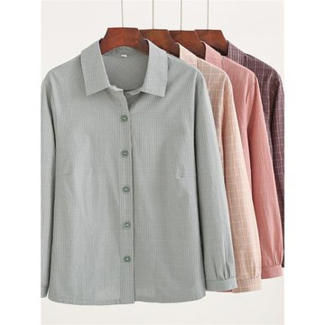 中老年人夏季女款純棉褂子奶奶套裝純色長袖上衣媽媽夏裝翻領襯衫