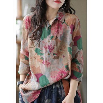 出口歐美外貿原單港味印花棉麻襯衫女夏季薄款開衫上衣長袖防曬衣