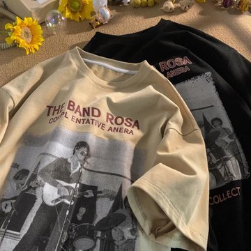 美式復古短袖t恤男夏季潮牌印花hiphop上衣寬松休閑圓領半袖體恤