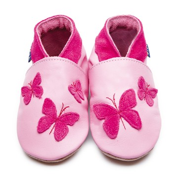 英國Inch Blue - 真皮手工寶寶鞋-粉底蝴蝶