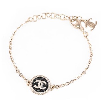 CHANEL ABG397 圓形鑲鑽CC LOGO炫彩黑細閃手鍊.淡金
