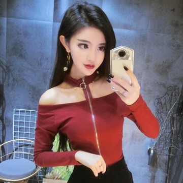 夜店上衣秋裝女韓版氣質掛脖拉練一字領露肩長袖T恤修身顯瘦上衣    都市時尚