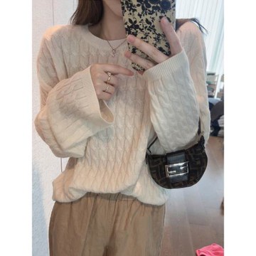 高級感山羊絨衫女圓領麻花寬松毛衣慵懶風寬袖加厚套頭針織衫上衣