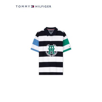 (免運)Tommy夏季童裝男純棉珠地網眼美式學院徽章條紋短袖T恤POLO