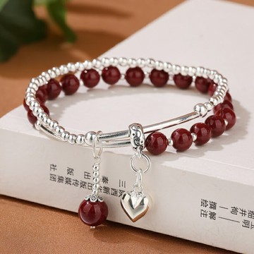 硃砂手鍊朱砂手串-6mm925純銀愛心雙層女飾品74fq12【獨家進口】【米蘭精品】