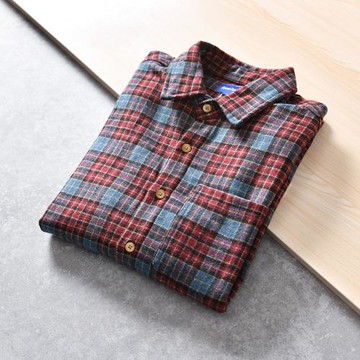 經典百搭！日系復古色織格紋秋冬厚實工裝口袋毛呢格子長袖襯衫潮