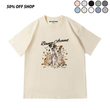 寵物貓狗插畫短袖純棉短T｜日系卡通圖案女生短袖T恤 男生寬鬆百搭上衣 潮流穿搭