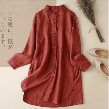 大碼棉麻襯衫外套女 棉麻襯衫女中長外套休閑立領長袖襯衣寬松