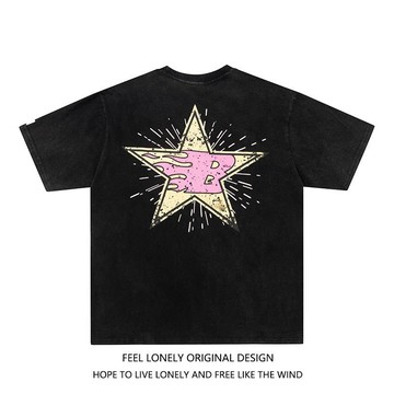【臺灣出貨】Feel lonely美式複古字母星星印花短袖T恤情侶上衣純棉短袖圓領休閒上衣上衣透氣T恤