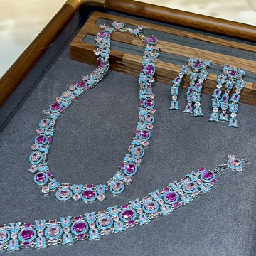 5A首飾套裝 滿鑲鋯石粉色復古項鍊手鍊