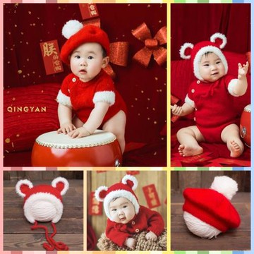 新款百天寶寶影樓服飾兒童攝影套裝圣誕新年毛線手工編織帽子衣服
