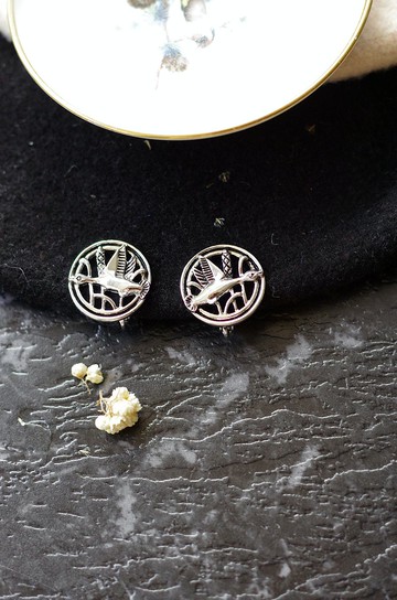 Vintage-Sarah Coventry 銀色 飛翔 小鳥 圓形  夾式耳環 c99