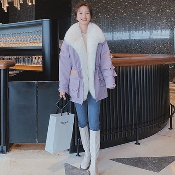 [米蘭精品] 鋪棉外套加厚夾克-加絨大毛領收腰蓬鬆女外套2色74dd36