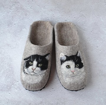定制的羊毛貓拖鞋 帶有照片中的寵物肖像