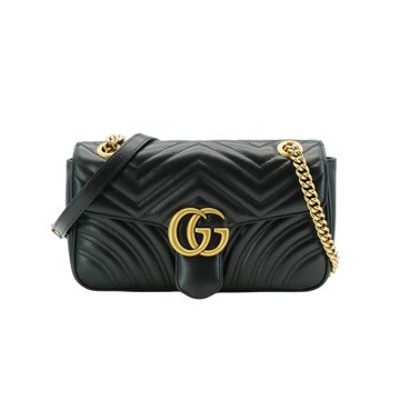 Gucci 古馳 展示品 Marmont 仿舊金雙G皮革斜背/肩背包-26cm(443497-黑)