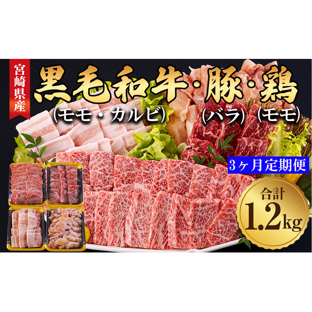  宮崎県産 焼肉 セット 黒毛和牛 モモ カルビ 豚バラ 若鶏 モモ 合計3.6kg 各300g 小分け 冷凍 送料無料 国産 BBQ バーベキュー キャンプ 普段使い 炒め物 丼 カ