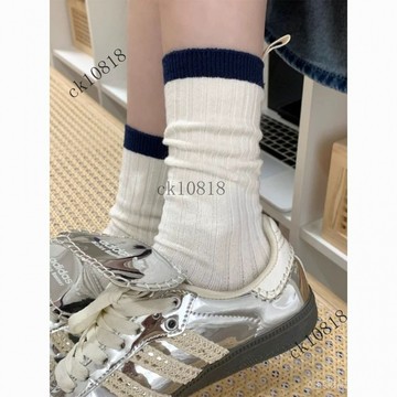 ✨可開發票#簡約藍白拚色透氣韓係女夏季中筒襪複古ins設計百搭學院風堆堆襪#免運費